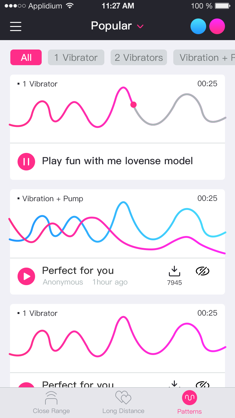 Schermafbeelding van de Lovense Remote-app create unlimited patterns.
